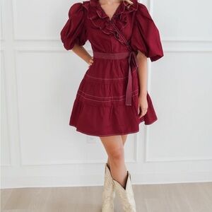 Chic Burgundy Puff Sleeve Mini Dress